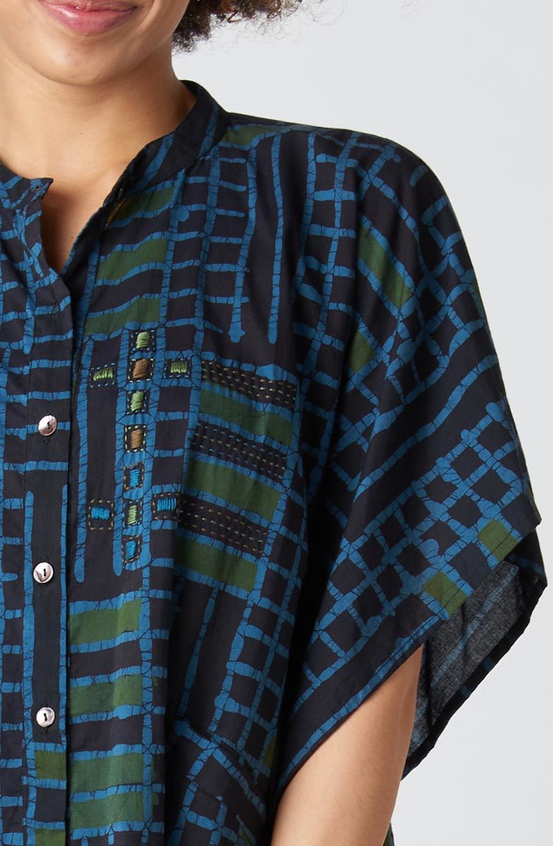 Anika Band Collar Kaftan Shirt - Charcoal/Multi