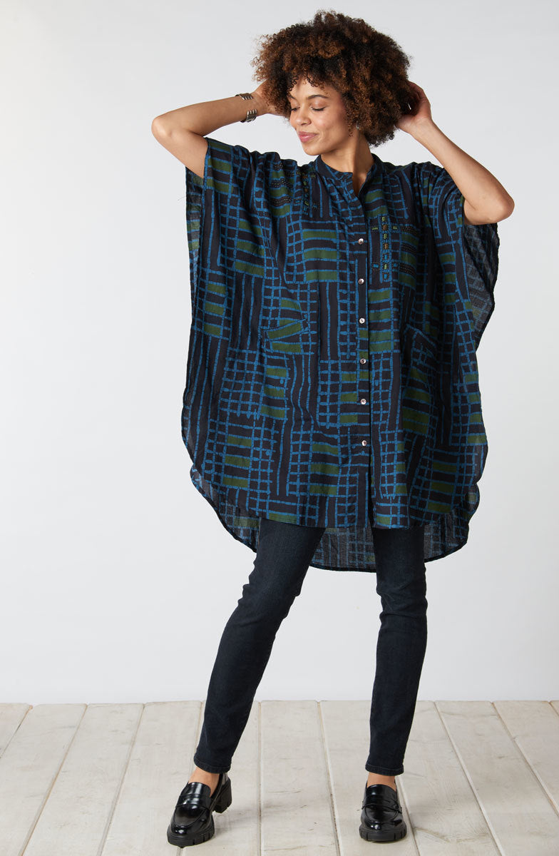 Anika Band Collar Kaftan Shirt - Charcoal/Multi