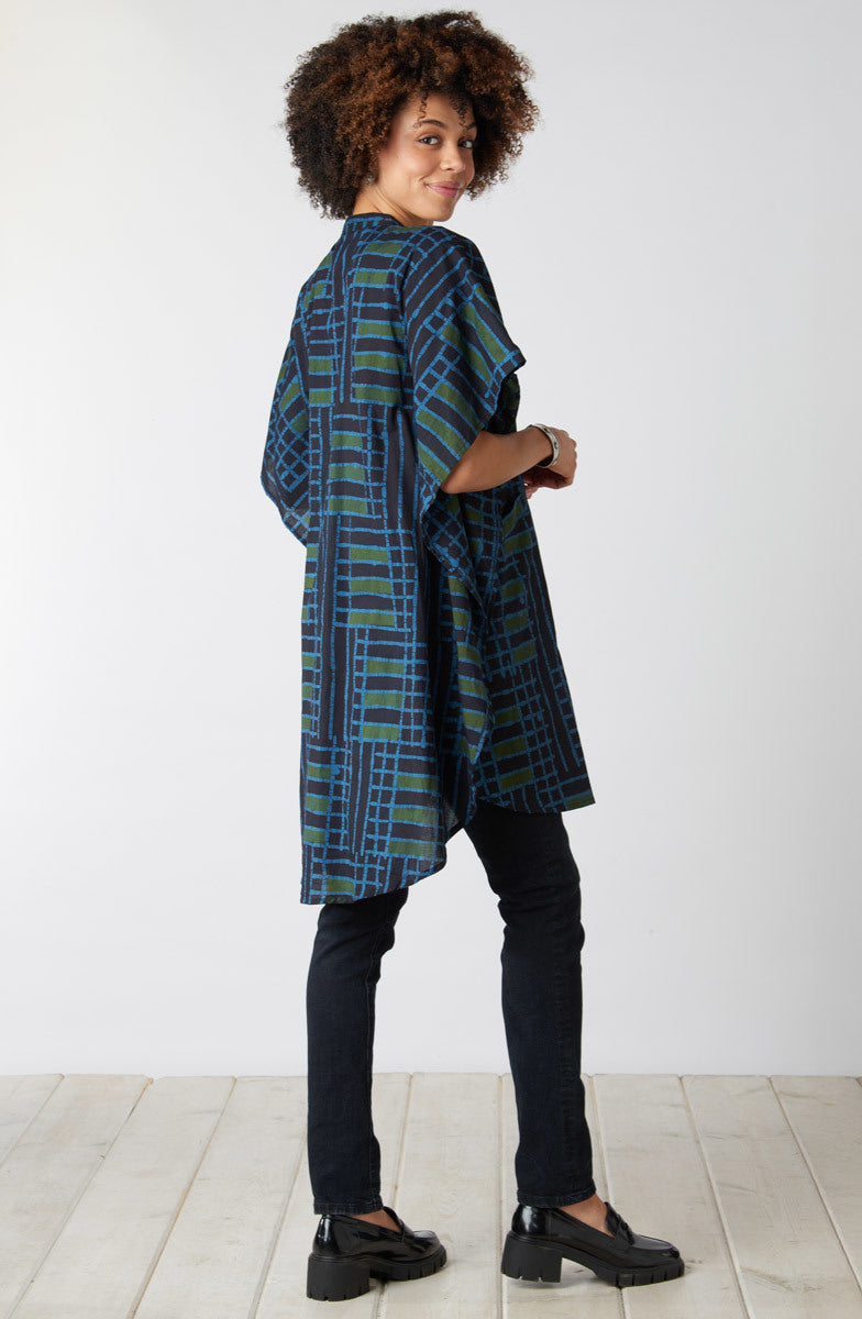 Anika Band Collar Kaftan Shirt - Charcoal/Multi