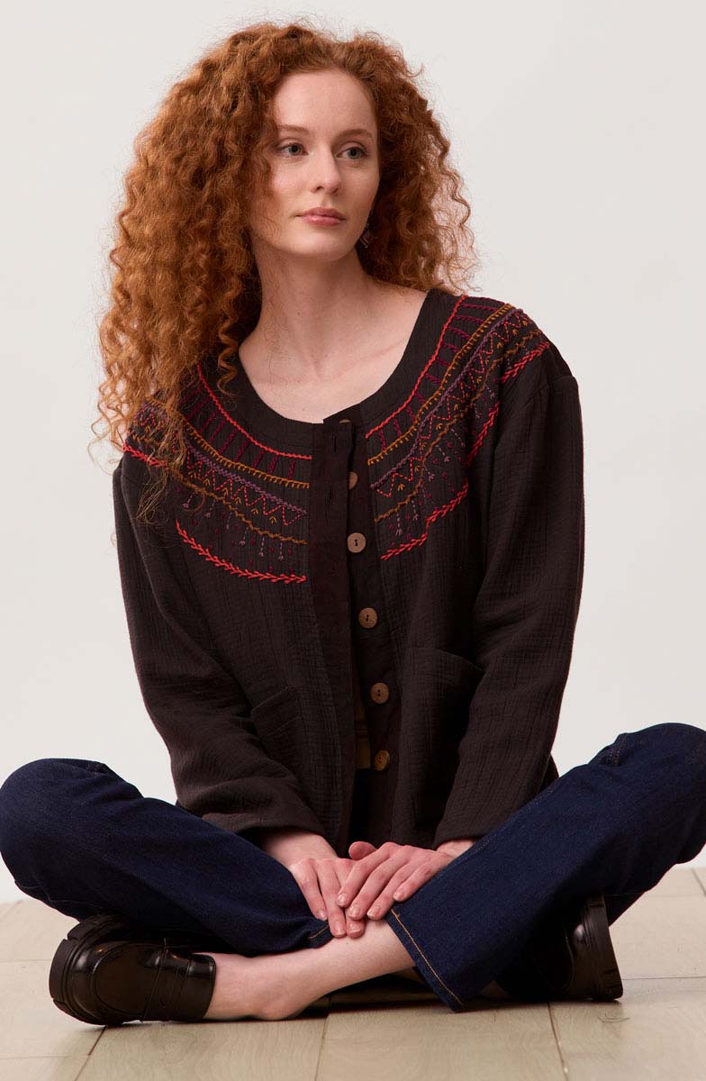 Amyra Cotton Double Gauze Embroidered Top - Black/Multi