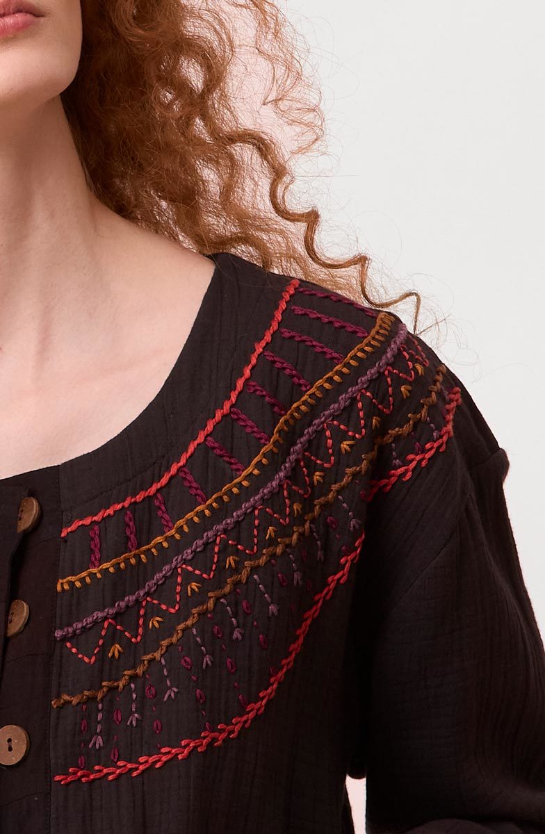 Amyra Cotton Double Gauze Embroidered Top - Black/Multi