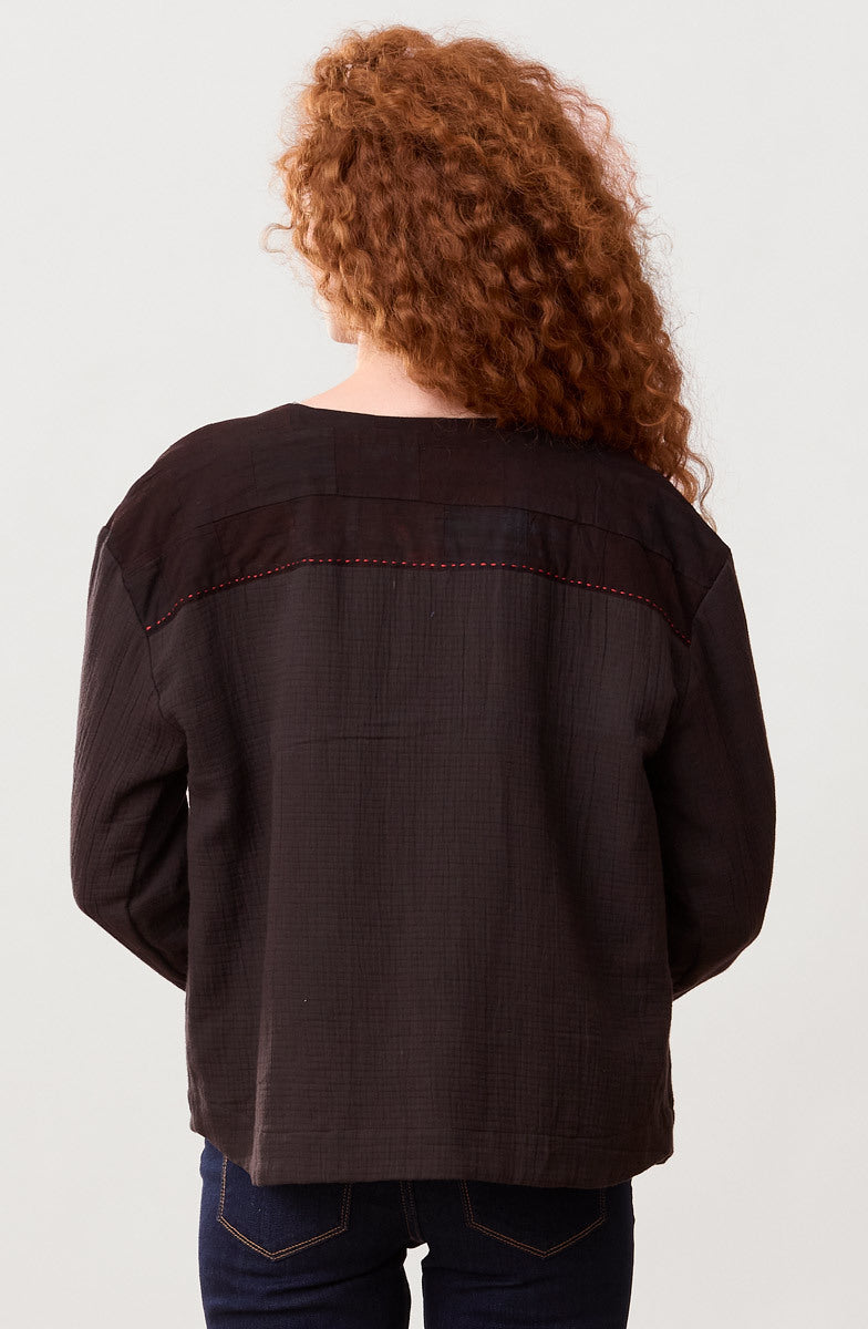 Amyra Cotton Double Gauze Embroidered Top - Black/Multi