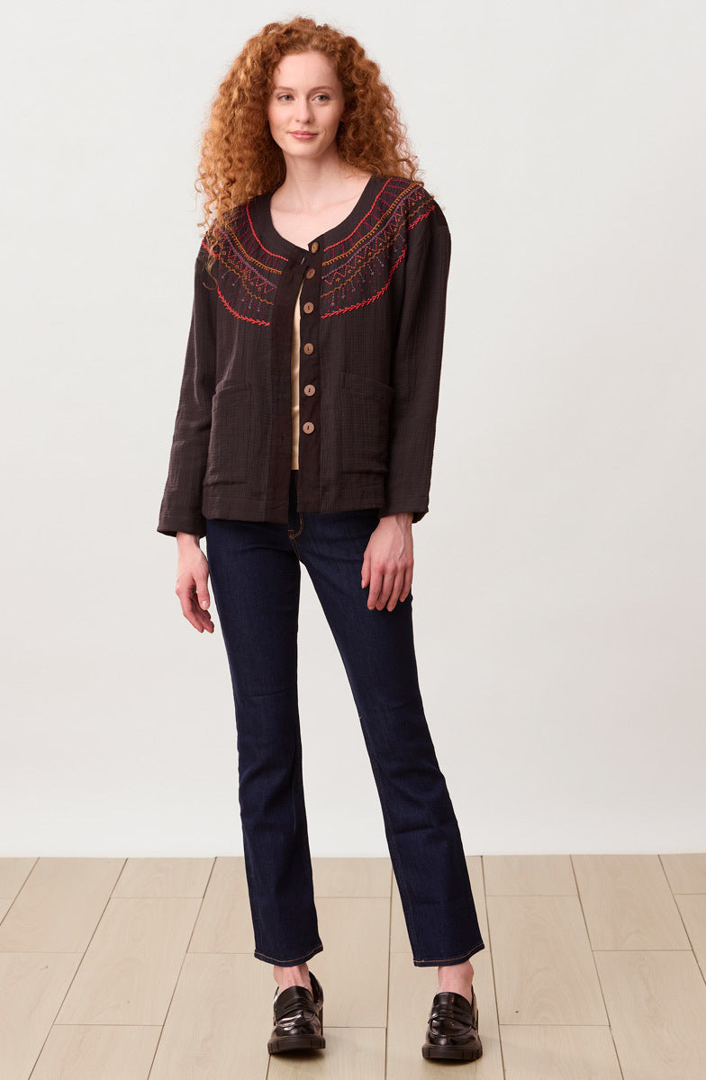 Amyra Cotton Double Gauze Embroidered Top - Black/Multi