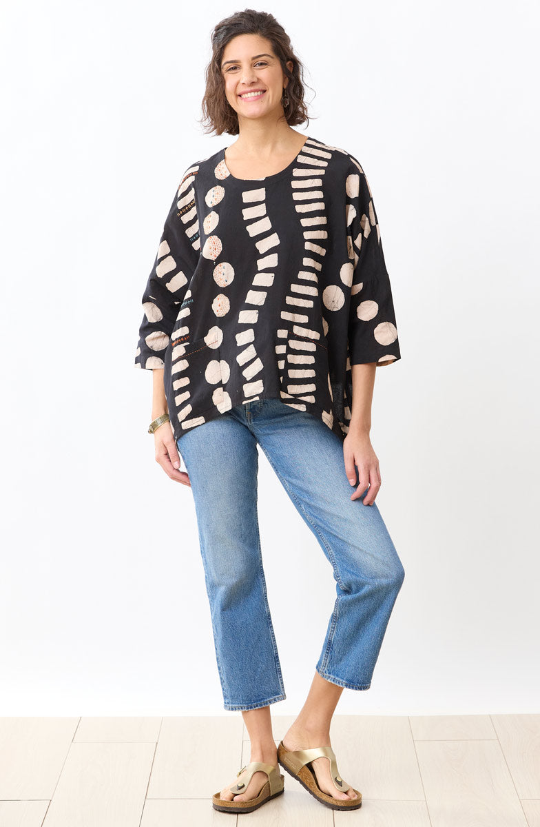 Rimsha 3/4-Sleeve Popover Swing Top - Black/Natural