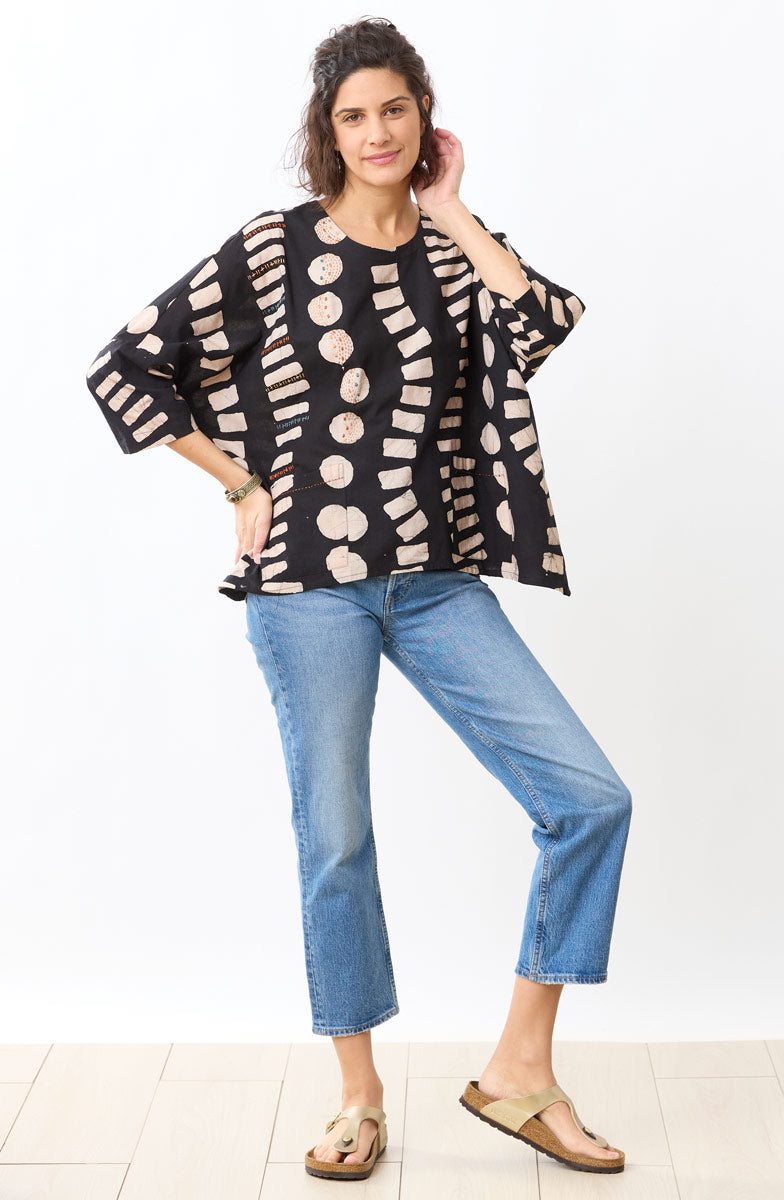 Rimsha 3/4-Sleeve Popover Swing Top - Black/Natural