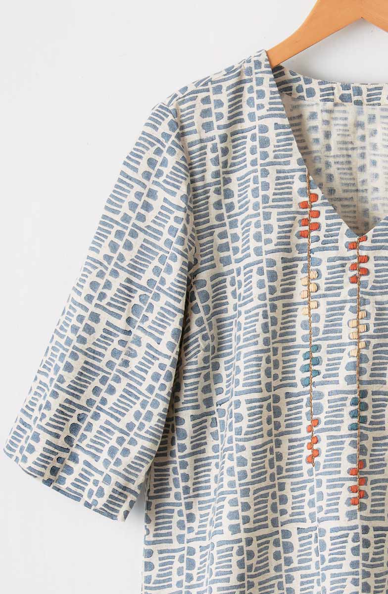 Kochi Cotton Linen V-Neck Top - Harbor blue/Natural